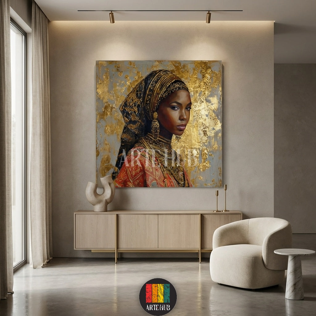 Artehub Nubiana wall art featuring a stunning African woman portrait with gold leaf details on canvas, perfect for modern Egyptian homes and decor.

 لوحة نوبيانا من Artehub تصور بورتريه لامرأة أفريقية بتفاصيل ذهبية على كانفاس، مثالية للديكور العصري في مصر والتابلوهات الفاخرة.