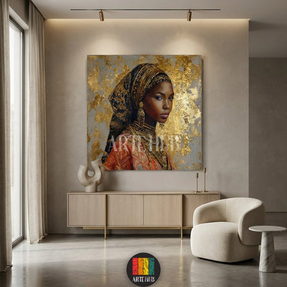  Artehub Nubiana wall art featuring a stunning African woman portrait with gold leaf details on canvas, perfect for modern Egyptian homes and decor.

 لوحة نوبيانا من Artehub تصور بورتريه لامرأة أفريقية بتفاصيل ذهبية على كانفاس، مثالية للديكور العصري في مصر والتابلوهات الفاخرة.