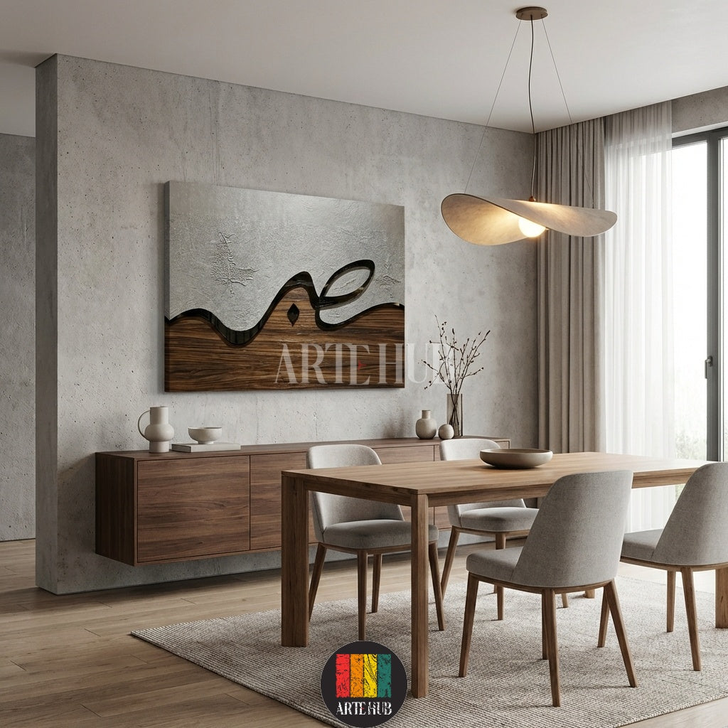 A sophisticated canvas wall art from Artehub featuring a stylized Arabic letter over a wood and silver textured background, displayed in a modern Egypt apartment.

تابلوه كانفاس من Artehub يجسد حرف الصاد بلمسة خشبية وفضية عصرية، معلق في غرفة جلوس بتصميم مصري حديث