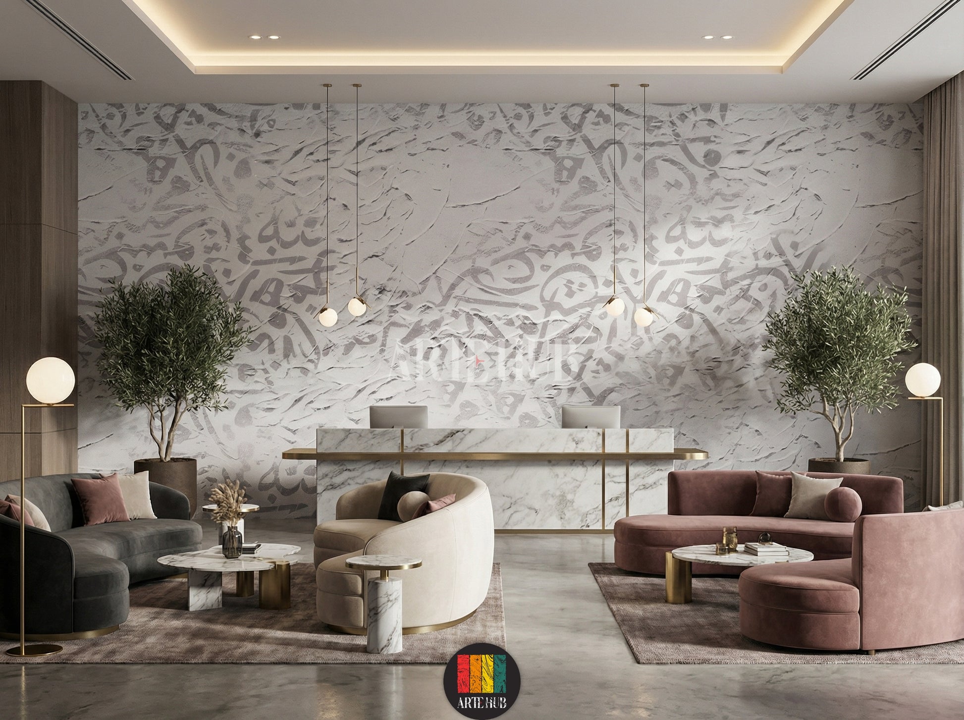 Full shot of a contemporary lobby featuring a luxurious white textured wallpaper with subtle grey Arabic calligraphy patterns. Modern furniture, elegant lighting, and stylish decor complete this Egyptian interior design.
صورة كاملة لريسيبشن فندق عصري تضم ورق حائط أبيض فاخر ومنقوش بنقوش الخط العربي الرمادي الفاتح. يظهر الأثاث الحديث والإضاءة الأنيقة والديكور العصري الذي يعكس الطراز المصري.
room: lobby
