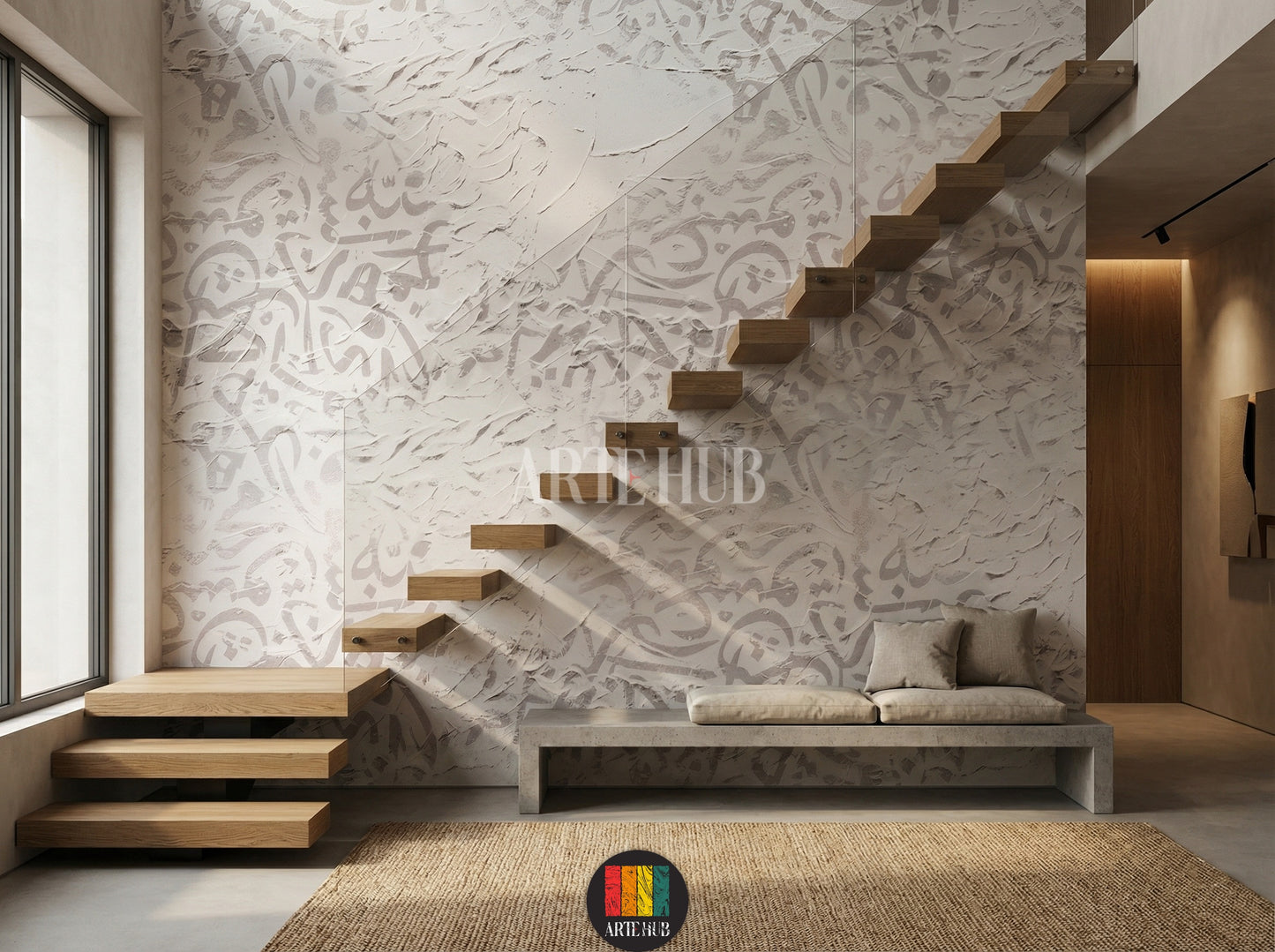 Full shot of a stairs featuring a luxurious white textured wallpaper with subtle grey Arabic calligraphy patterns. Modern furniture, elegant lighting, and stylish decor complete this Egyptian interior design.
صورة كاملة لسلم عصري يضم ورق حائط أبيض فاخر ومنقوش بنقوش الخط العربي الرمادي الفاتح. يظهر الأثاث الحديث والإضاءة الأنيقة والديكور العصري الذي يعكس الطراز المصري.
room: stairs
