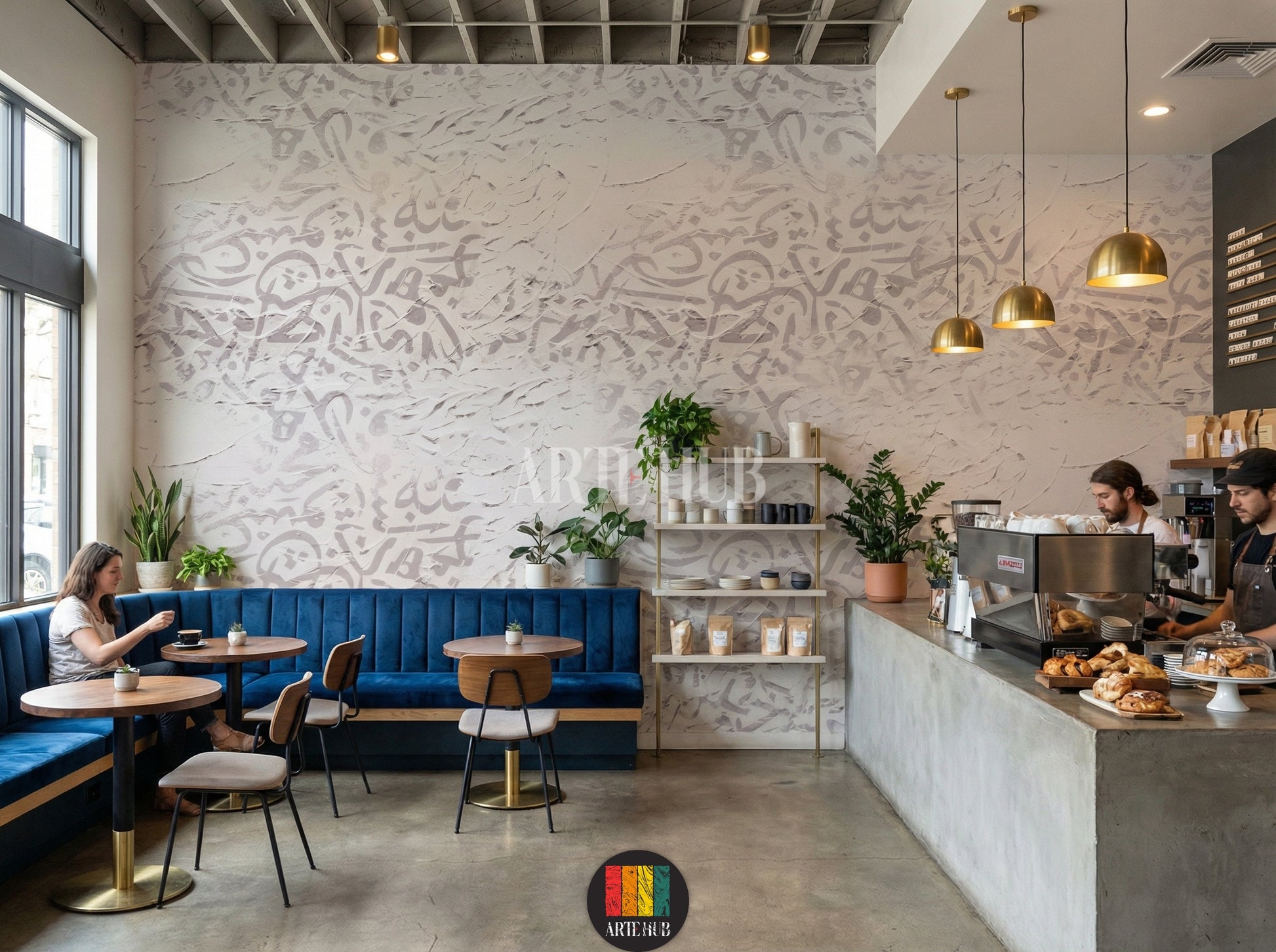 Full shot of a restaurant featuring a luxurious white textured wallpaper with subtle grey Arabic calligraphy patterns. Modern furniture, elegant lighting, and stylish decor complete this Egyptian interior design.
صورة كاملة لمطعم عصري يضم ورق حائط أبيض فاخر ومنقوش بنقوش الخط العربي الرمادي الفاتح. يظهر الأثاث الحديث والإضاءة الأنيقة والديكور العصري الذي يعكس الطراز المصري.
room: restaurant