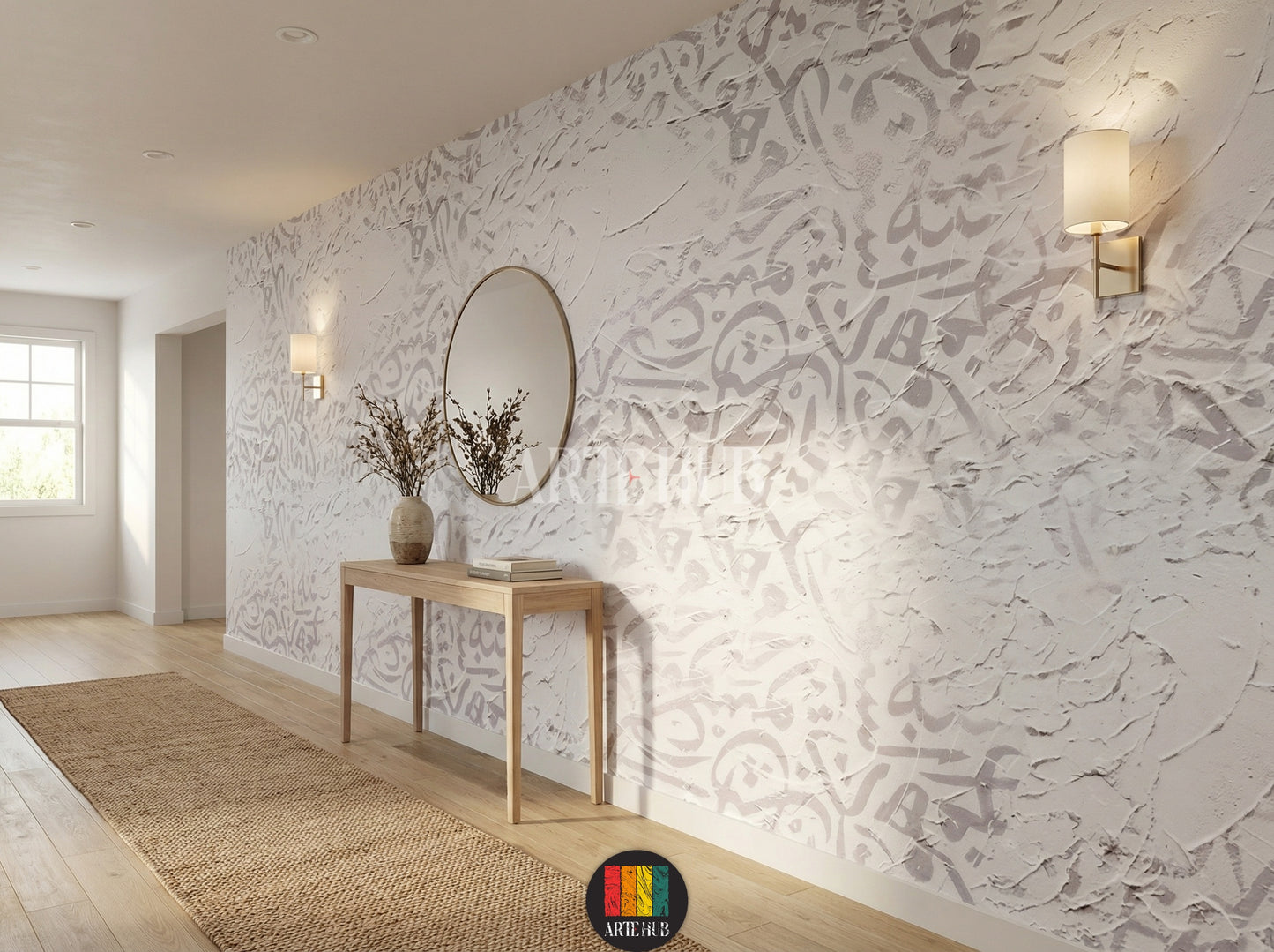 Full shot of a contemporary halway featuring a luxurious white textured wallpaper with subtle grey Arabic calligraphy patterns. Modern furniture, elegant lighting, and stylish decor complete this Egyptian interior design.
صورة كاملة لطرقة عصرية تضم ورق حائط أبيض فاخر ومنقوش بنقوش الخط العربي الرمادي الفاتح. يظهر الأثاث الحديث والإضاءة الأنيقة والديكور العصري الذي يعكس الطراز المصري.
room: halway