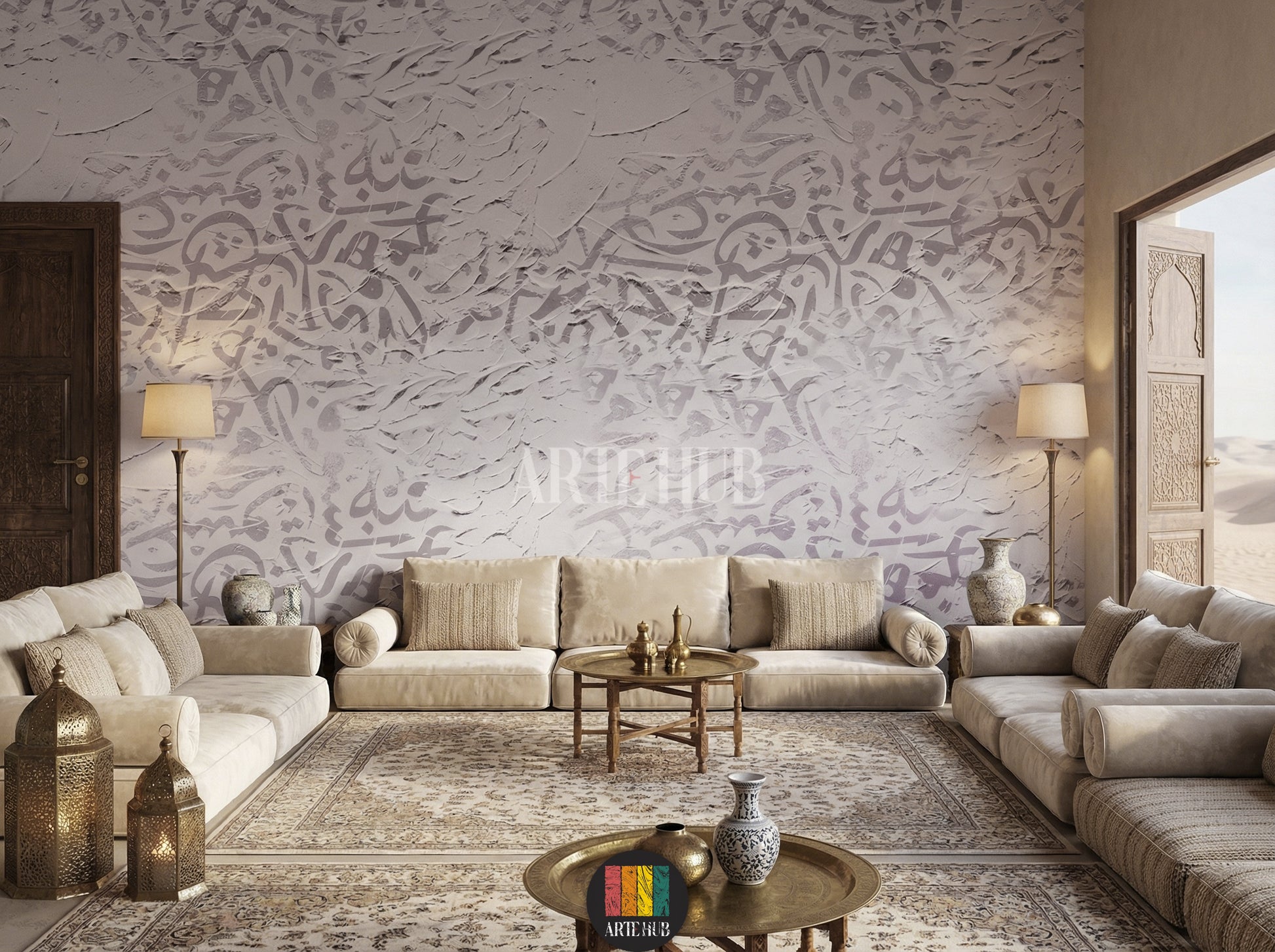Full shot of a contemporary majles room featuring a luxurious white textured wallpaper with subtle grey Arabic calligraphy patterns. Modern furniture, elegant lighting, and stylish decor complete this Egyptian interior design.
صورة كاملة لغرفة مجلس عصرية تضم ورق حائط أبيض فاخر ومنقوش بنقوش الخط العربي الرمادي الفاتح. يظهر الأثاث الحديث والإضاءة الأنيقة والديكور العصري الذي يعكس الطراز المصري.
room: majles room