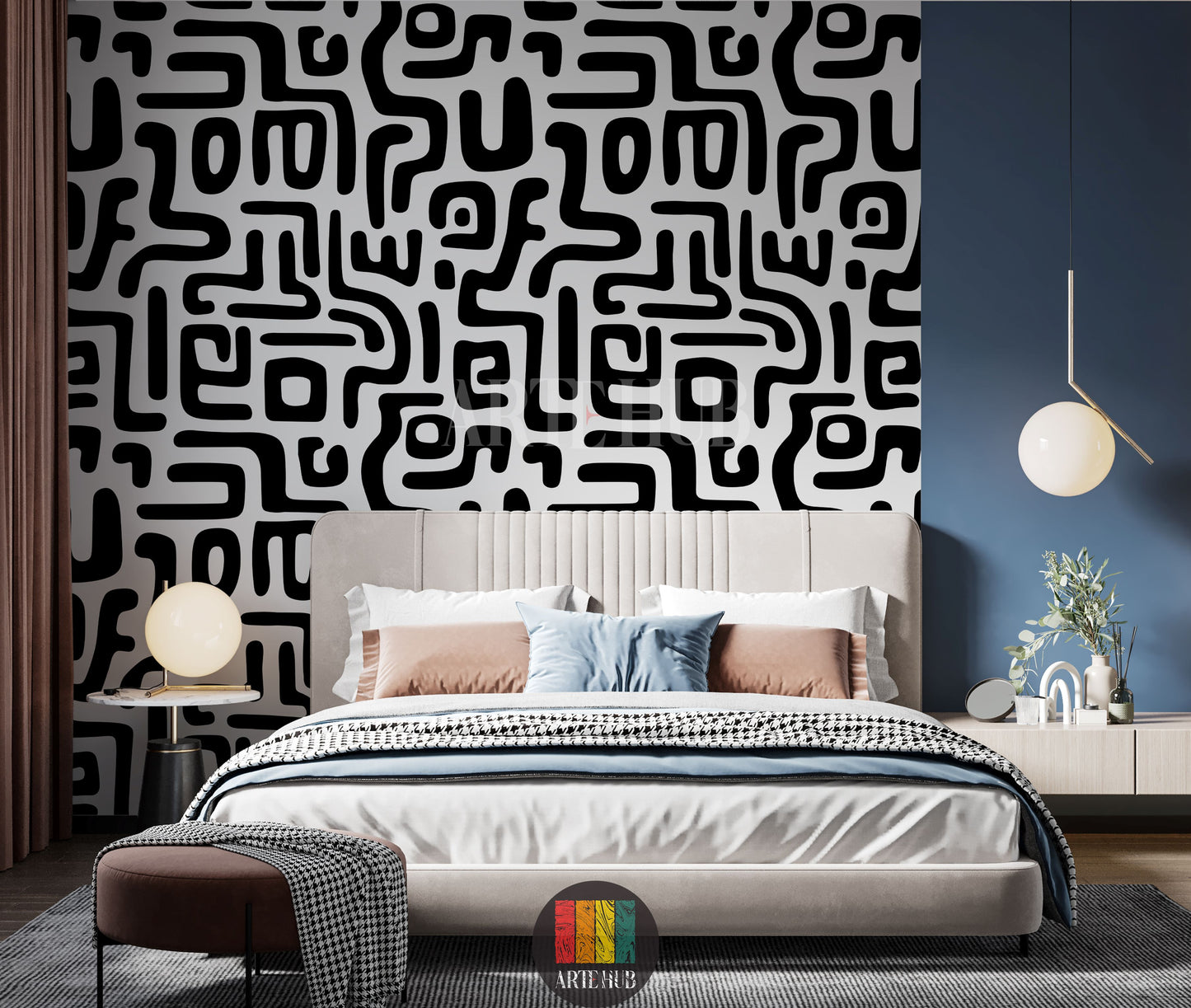 A stylish modern bedroom featuring a prominent black and white abstract labyrinth pattern wallpaper on the left wall, complementing a solid dark blue wall on the right. A beige upholstered bed with pillows and a houndstooth blanket is centered, flanked by a side table with a globe lamp and a dresser with decor under a hanging spherical light fixture. Brown curtains are visible on the left.
غرفة نوم عصرية أنيقة تتميز بورق جدران بنمط متاهة مجردة باللونين الأبيض والأسود على الجدار الأيسر، ويكمله جدار أزرق داكن