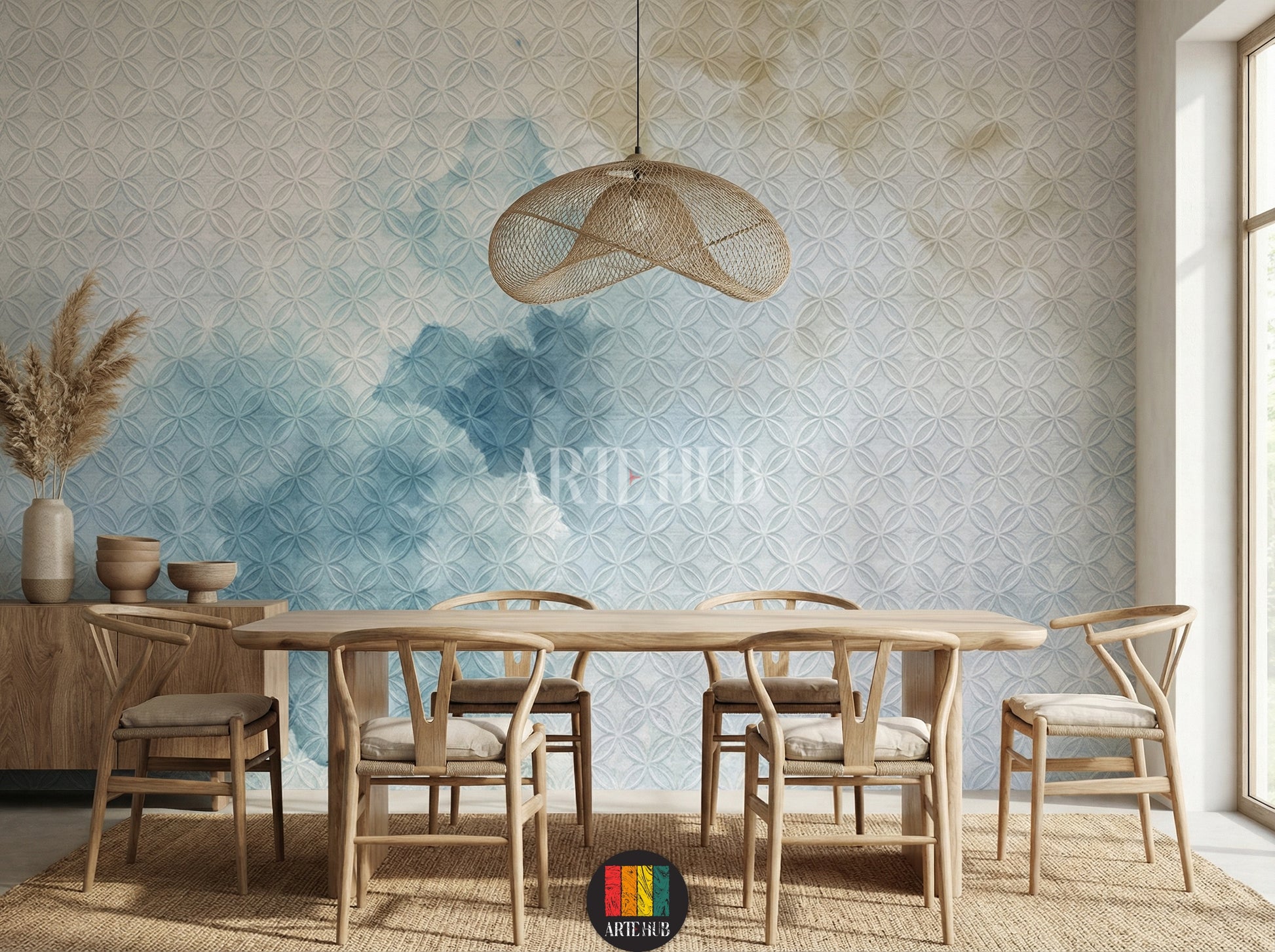 A stylish dining room featuring a light blue geometric patterned wallpaper with a watercolor effect. The room is decorated with modern wooden furniture, a natural fiber rug, and a unique woven pendant lamp, perfect for home interior design in Egypt.
غرفة طعام أنيقة مزينة بورق حائط بنمط هندسي أزرق فاتح مع تأثير مائي. الغرفة مفروشة بأثاث خشبي عصري وسجادة من الألياف الطبيعية ومصباح سقف فريد، مثالي للديكور المنزلي في مصر.
room: dining room