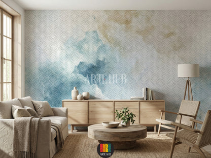 A stylish living room featuring a light blue geometric patterned wallpaper with a watercolor effect. The room is decorated with modern wooden furniture, a natural fiber rug, and a unique woven pendant lamp, perfect for home interior design in Egypt.
غرفة معيشة أنيقة مزينة بورق حائط بنمط هندسي أزرق فاتح مع تأثير مائي. الغرفة مفروشة بأثاث خشبي عصري وسجادة من الألياف الطبيعية ومصباح سقف فريد، مثالي للديكور المنزلي في مصر.
room: living room