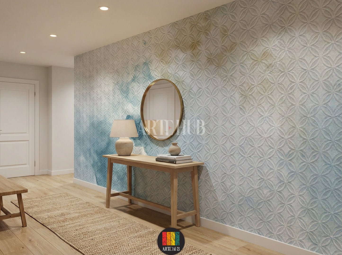 A stylish hallway featuring a light blue geometric patterned wallpaper with a watercolor effect. The room is decorated with modern wooden furniture, a natural fiber rug, and a unique woven pendant lamp, perfect for home interior design in Egypt.
ممر أنيق مزين بورق حائط بنمط هندسي أزرق فاتح مع تأثير مائي. الغرفة مفروشة بأثاث خشبي عصري وسجادة من الألياف الطبيعية ومصباح سقف فريد، مثالي للديكور المنزلي في مصر.
room: hallway