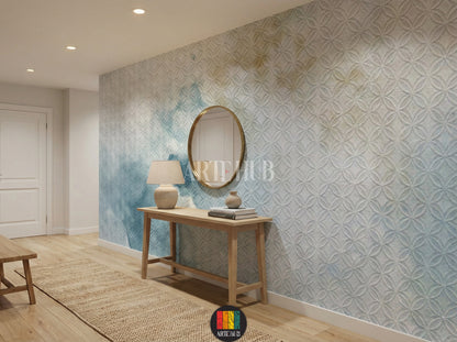 A stylish hallway featuring a light blue geometric patterned wallpaper with a watercolor effect. The room is decorated with modern wooden furniture, a natural fiber rug, and a unique woven pendant lamp, perfect for home interior design in Egypt.
ممر أنيق مزين بورق حائط بنمط هندسي أزرق فاتح مع تأثير مائي. الغرفة مفروشة بأثاث خشبي عصري وسجادة من الألياف الطبيعية ومصباح سقف فريد، مثالي للديكور المنزلي في مصر.
room: hallway