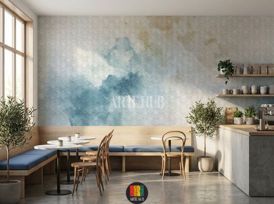 A stylish cafe featuring a light blue geometric patterned wallpaper with a watercolor effect. The room is decorated with modern wooden furniture, a natural fiber rug, and a unique woven pendant lamp, perfect for home interior design in Egypt.
كافيه أنيق مزين بورق حائط بنمط هندسي أزرق فاتح مع تأثير مائي. الغرفة مفروشة بأثاث خشبي عصري وسجادة من الألياف الطبيعية ومصباح سقف فريد، مثالي للديكور المنزلي في مصر.
room: cafe