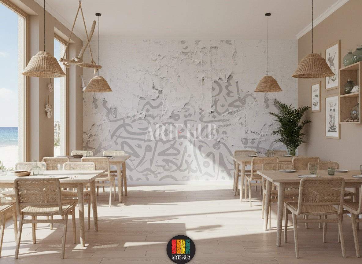 Full shot of a stylish bedroom featuring a unique distressed wallpaper with subtle grey Arabic calligraphy patterns underneath peeled white layers. The minimalist decor highlights this unique Egyptian-inspired wall art.
صورة كاملة لغرفة نوم عصرية تتميز بورق حائط ممزق يظهر خط عربي رمادي. ديكور حائط مودرن فريد للمنازل في مصر.
room: restaurant