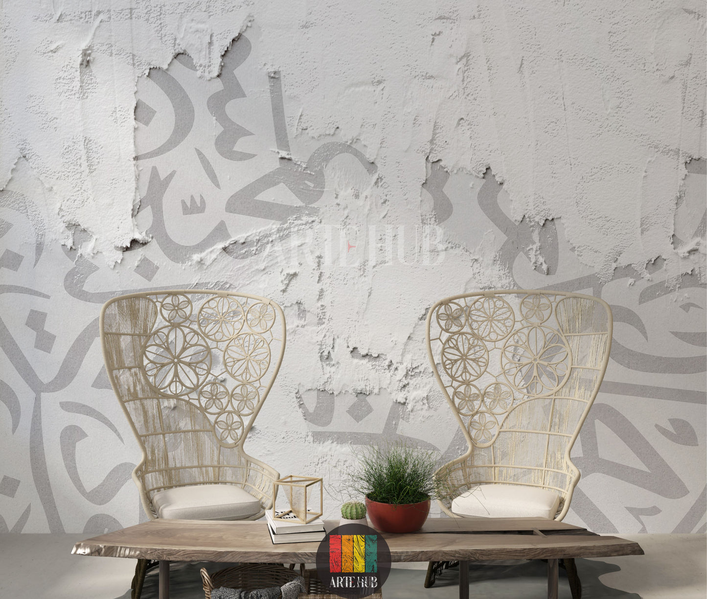 Full shot of a stylish bedroom featuring a unique distressed wallpaper with subtle grey Arabic calligraphy patterns underneath peeled white layers. The minimalist decor highlights this unique Egyptian-inspired wall art.
صورة كاملة لغرفة نوم عصرية تتميز بورق حائط ممزق يظهر خط عربي رمادي. ديكور حائط مودرن فريد للمنازل في مصر.
room: hallway