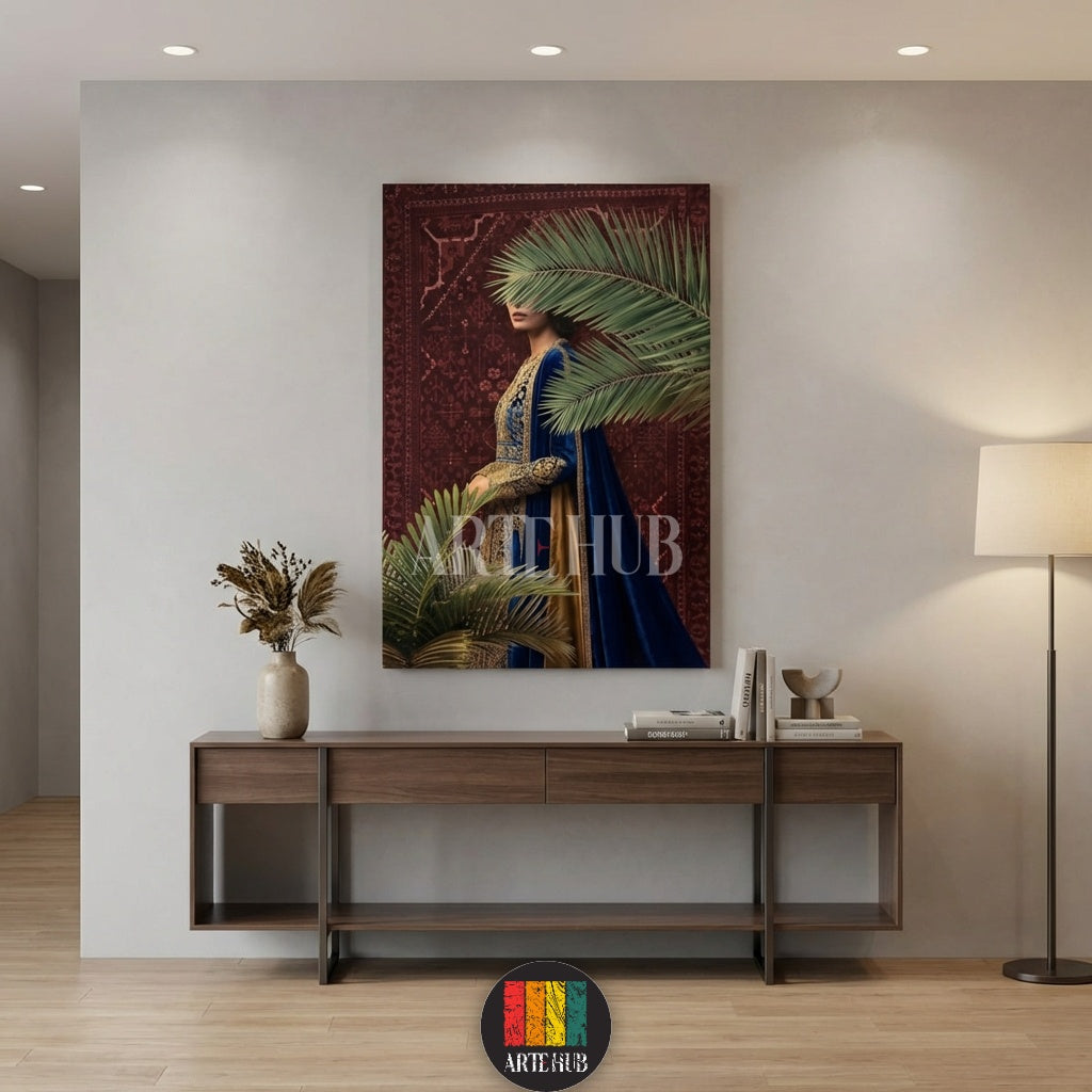 A high-quality canvas print by Artehub featuring a woman in a royal blue and gold traditional dress with palm leaves, embodying modern Egyptian style wall decor.

 لوحة كانفاس فاخرة من Artehub تظهر امرأة بزي تقليدي أزرق وذهبي مع أوراق النخيل، تعبر عن فن الديكور الحديث في مصر.