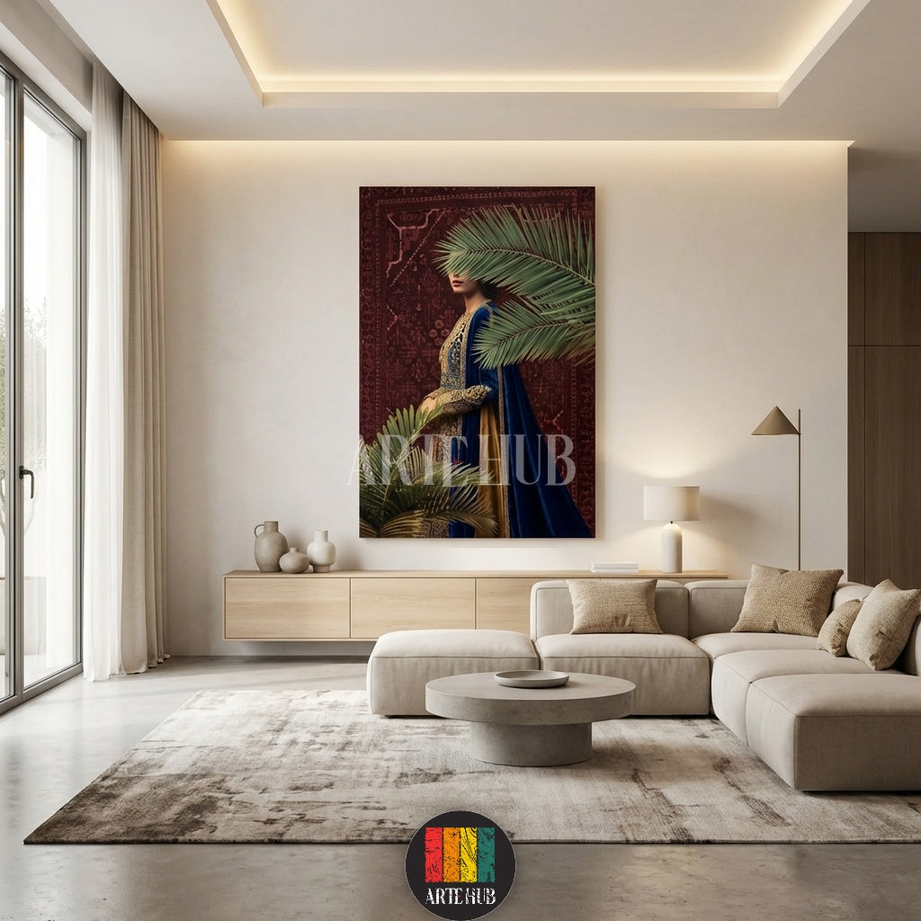 A high-quality canvas print by Artehub featuring a woman in a royal blue and gold traditional dress with palm leaves, embodying modern Egyptian style wall decor.

لوحة كانفاس فاخرة من Artehub تظهر امرأة بزي تقليدي أزرق وذهبي مع أوراق النخيل، تعبر عن فن الديكور الحديث في مصر.