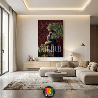 A high-quality canvas print by Artehub featuring a woman in a royal blue and gold traditional dress with palm leaves, embodying modern Egyptian style wall decor.

لوحة كانفاس فاخرة من Artehub تظهر امرأة بزي تقليدي أزرق وذهبي مع أوراق النخيل، تعبر عن فن الديكور الحديث في مصر.