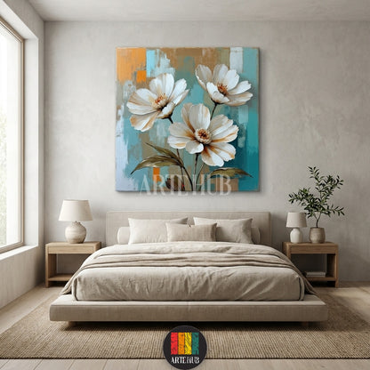 A square canvas wall art from Artehub showing three large white flowers with detailed centers against a teal, blue, and orange textured background in an Egyptian restaurant setting.

لوحة جدارية مربعة من آرت هب تظهر ثلاث زهور بيضاء كبيرة بتفاصيل دقيقة على خلفية ملونة بالأزرق والبرتقالي، مناسبة لتصميمات الديكور الحديثة في مصر.