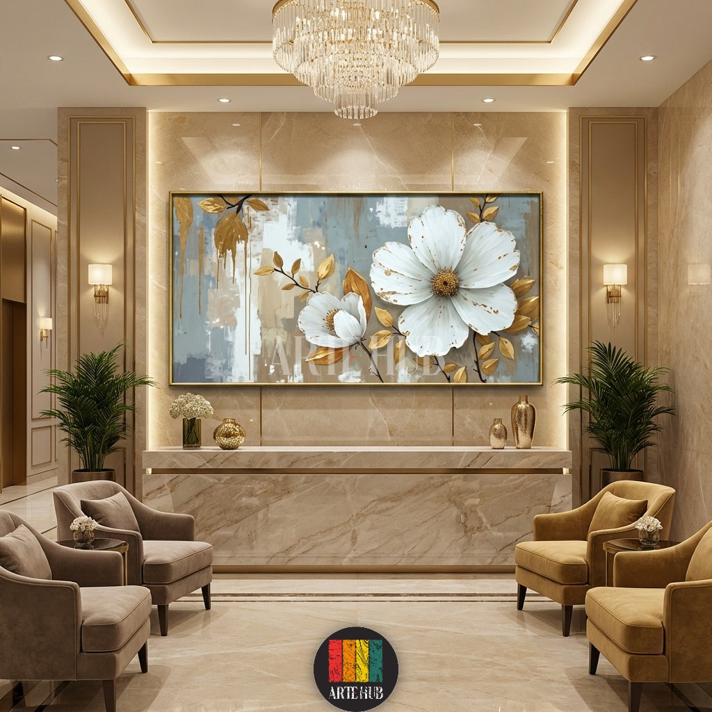  A large horizontal canvas featuring two large white blooming flowers with golden leaf accents on an abstract grey and beige background, styled as elegant wall art for an Egyptian home by Artehub.

 لوحة كانفاس كبيرة الحجم تضم زهور بيضاء متفتحة مع لمسات من أوراق الشجر الذهبية على خلفية تجريدية، تابلوه مودرن راقي لغرف المعيشة في مصر من Artehub.