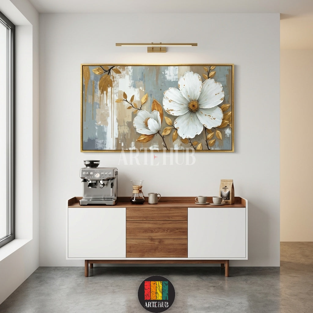  A large horizontal canvas featuring two large white blooming flowers with golden leaf accents on an abstract grey and beige background, styled as elegant wall art for an Egyptian home by Artehub.

 لوحة كانفاس كبيرة الحجم تضم زهور بيضاء متفتحة مع لمسات من أوراق الشجر الذهبية على خلفية تجريدية، تابلوه مودرن راقي لغرف المعيشة في مصر من Artehub.