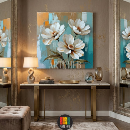 A square canvas wall art from Artehub showing three large white flowers with detailed centers against a teal, blue, and orange textured background in an Egyptian restaurant setting.

لوحة جدارية مربعة من آرت هب تظهر ثلاث زهور بيضاء كبيرة بتفاصيل دقيقة على خلفية ملونة بالأزرق والبرتقالي، مناسبة لتصميمات الديكور الحديثة في مصر.
