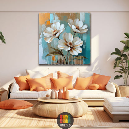 A square canvas wall art from Artehub showing three large white flowers with detailed centers against a teal, blue, and orange textured background in an Egyptian restaurant setting.

لوحة جدارية مربعة من آرت هب تظهر ثلاث زهور بيضاء كبيرة بتفاصيل دقيقة على خلفية ملونة بالأزرق والبرتقالي، مناسبة لتصميمات الديكور الحديثة في مصر.