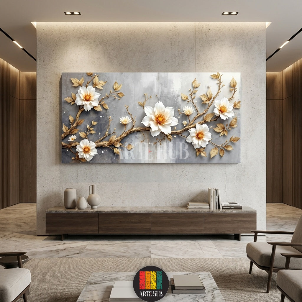 Elegant white flowers on golden branches canvas wall art by Artehub. High-quality wall decor in Egypt for modern homes.

تابلوه كانفاس زهور بيضاء وأغصان ذهبية راقية من Artehub. ديكور حوائط عالي الجودة في مصر للمنازل العصرية.