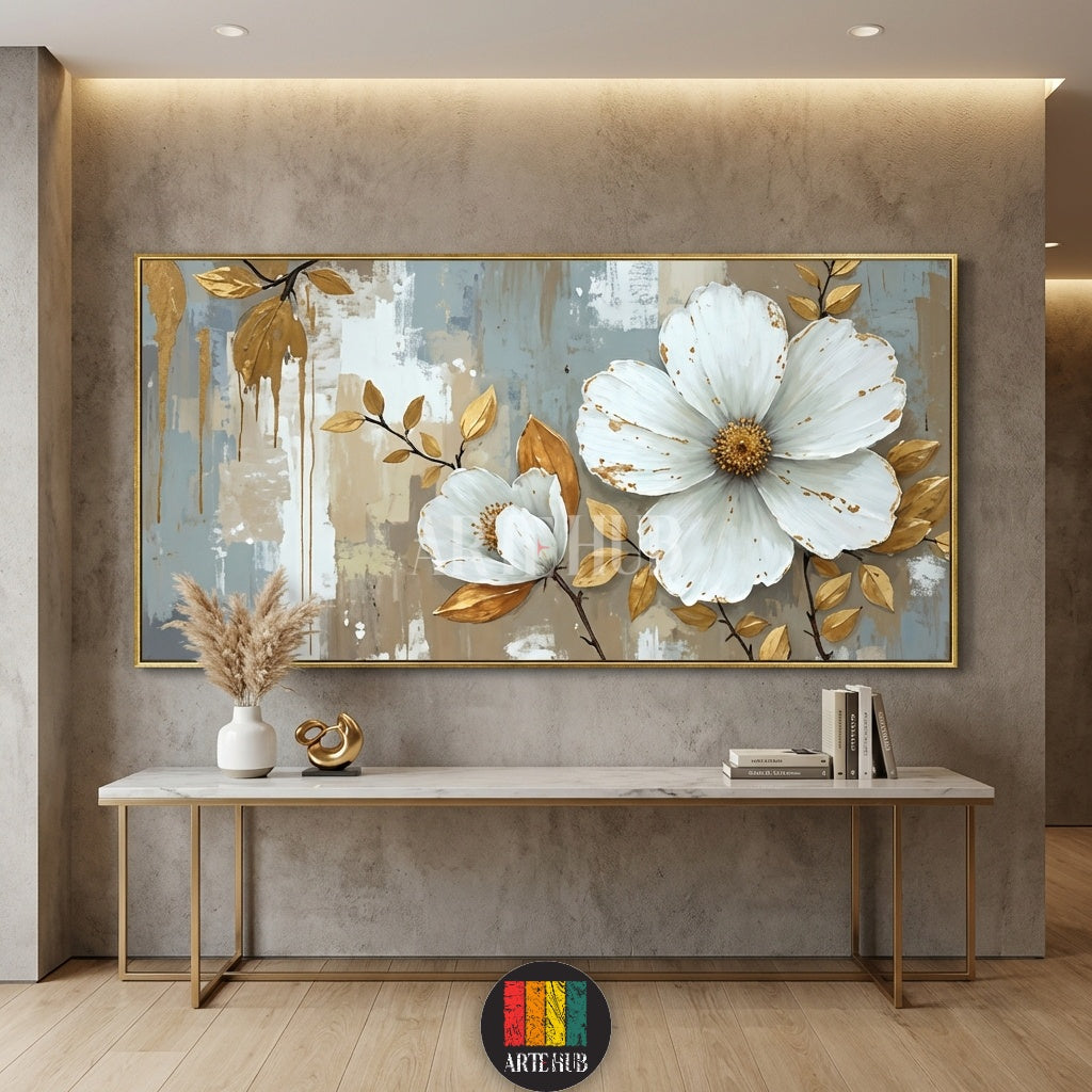  A large horizontal canvas featuring two large white blooming flowers with golden leaf accents on an abstract grey and beige background, styled as elegant wall art for an Egyptian home by Artehub.

 لوحة كانفاس كبيرة الحجم تضم زهور بيضاء متفتحة مع لمسات من أوراق الشجر الذهبية على خلفية تجريدية، تابلوه مودرن راقي لغرف المعيشة في مصر من Artehub.