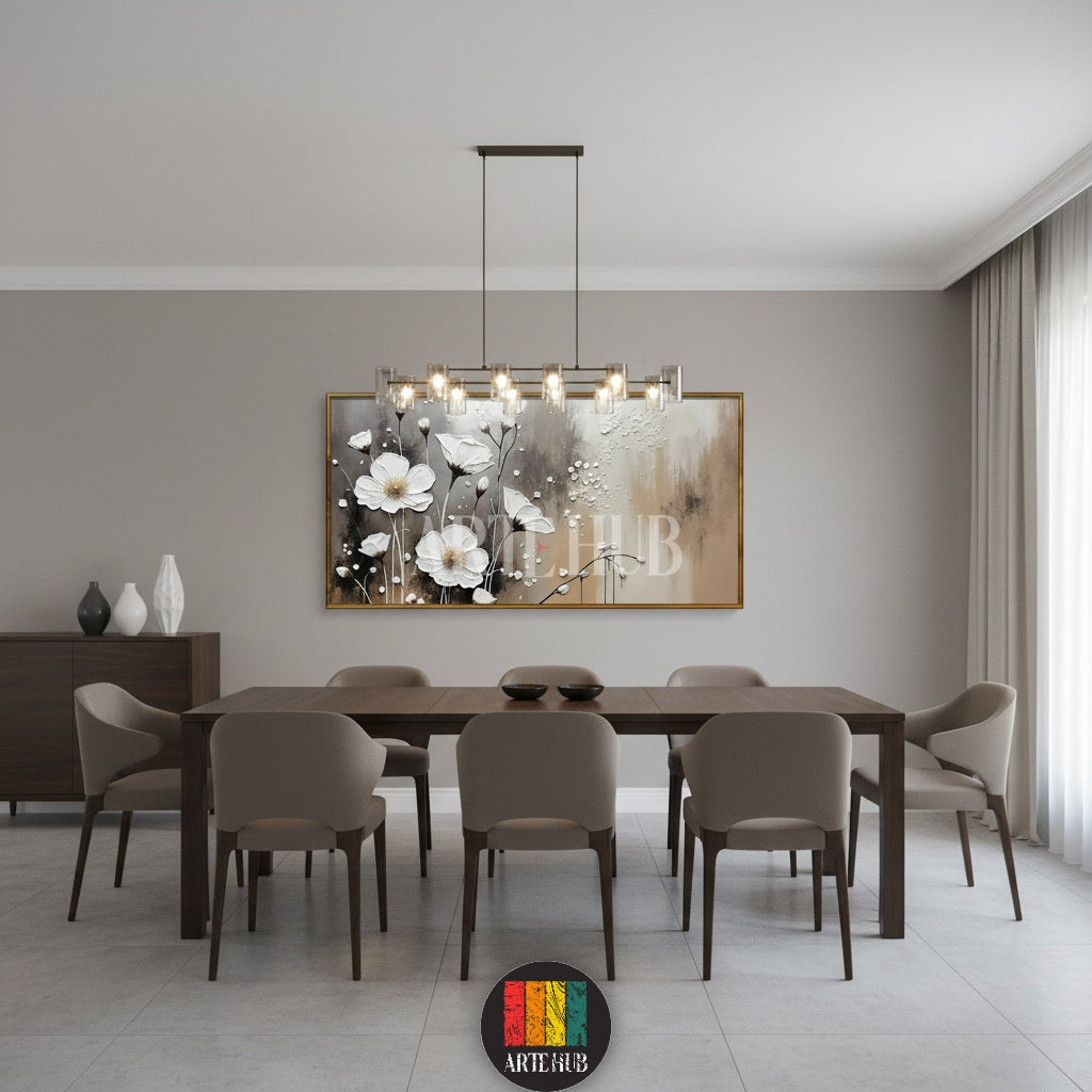 A panoramic canvas featuring white 3D textured flowers on a neutral background, framed for luxury wall art in Egypt by Artehub.

 لوحة كانفاس بانورامية لزهور بيضاء بارزة بتصميم ثلاثي الأبعاد، ديكور حائط فاخر لغرف المعيشة في مصر من Artehub.