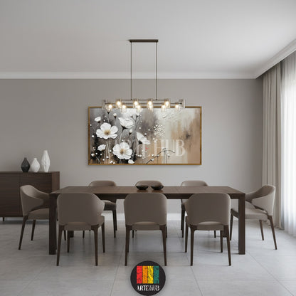 A panoramic canvas featuring white 3D textured flowers on a neutral background, framed for luxury wall art in Egypt by Artehub.

 لوحة كانفاس بانورامية لزهور بيضاء بارزة بتصميم ثلاثي الأبعاد، ديكور حائط فاخر لغرف المعيشة في مصر من Artehub.