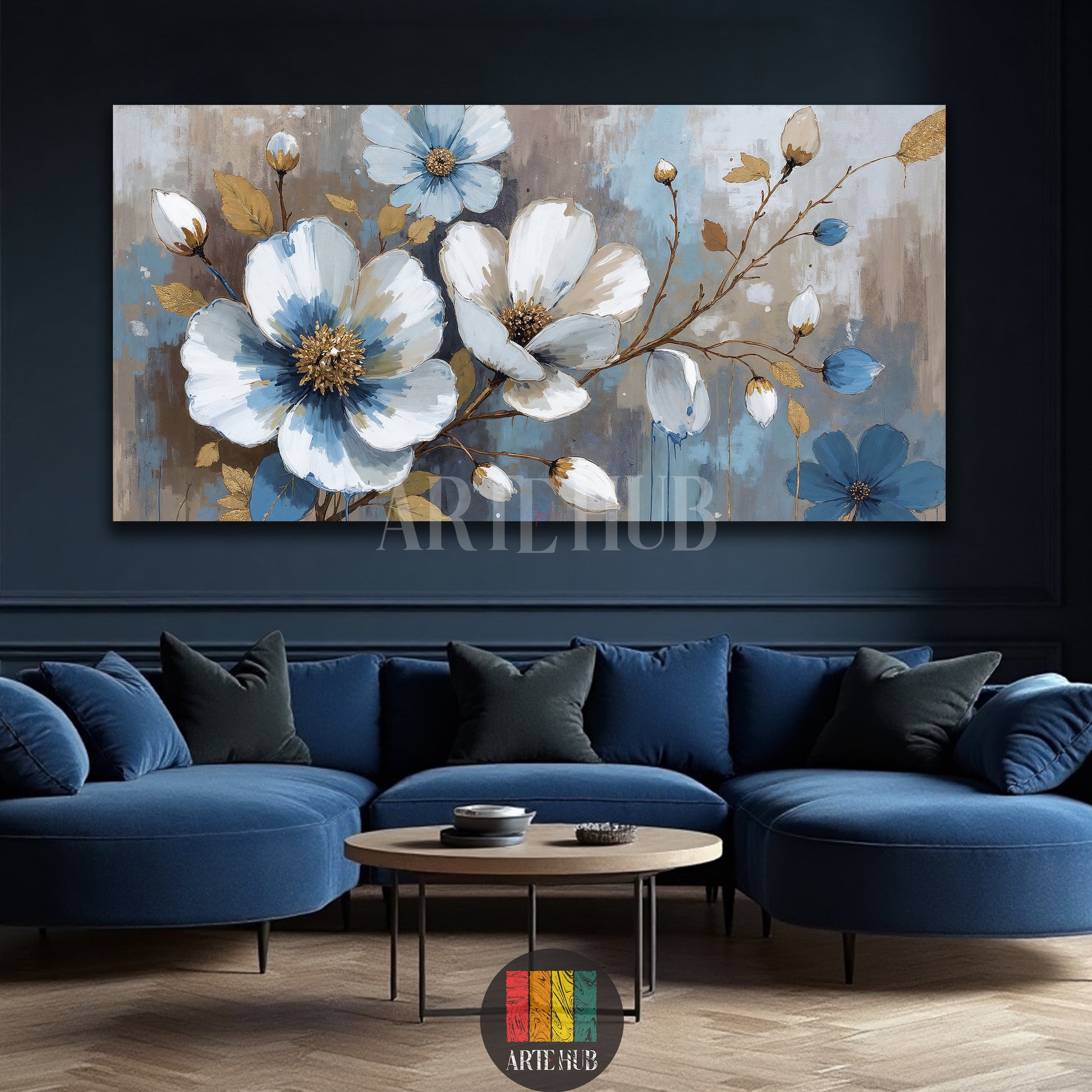 A large canvas print featuring elegant white and blue flowers with gold accents, mounted above a dark wooden sideboard in a luxurious dining room in Egypt. The painting brings a sophisticated touch to modern Egyptian home decor.
تابلوه كبير مطبوع يظهر زهورًا بيضاء وزرقاء أنيقة مع لمسات ذهبية، معلق فوق بوفيه خشبي داكن في غرفة طعام فاخرة في مصر. اللوحة تضيف لمسة فنية راقية لديكور المنزل المصري الحديث.