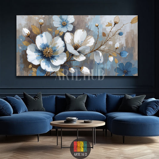 A large canvas print featuring elegant white and blue flowers with gold accents, mounted above a dark wooden sideboard in a luxurious dining room in Egypt. The painting brings a sophisticated touch to modern Egyptian home decor.
تابلوه كبير مطبوع يظهر زهورًا بيضاء وزرقاء أنيقة مع لمسات ذهبية، معلق فوق بوفيه خشبي داكن في غرفة طعام فاخرة في مصر. اللوحة تضيف لمسة فنية راقية لديكور المنزل المصري الحديث.