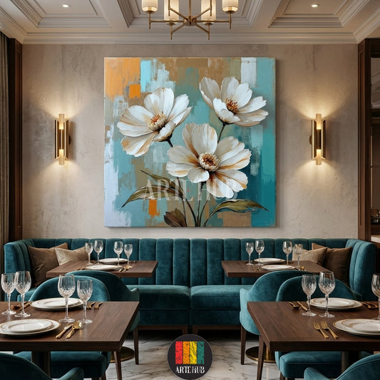 Large modern abstract floral canvas art featuring white flowers on a teal and orange background, displayed in a sophisticated restaurant dining area in Egypt. Perfect for contemporary wall decor.
تابلوه كانفاس تجريدي كبير بزهور بيضاء وخلفية تركواز وبرتقالي، معروض في منطقة جلوس مطعم أنيقة في مصر. مثالي لديكور الحائط العصري في مصر.