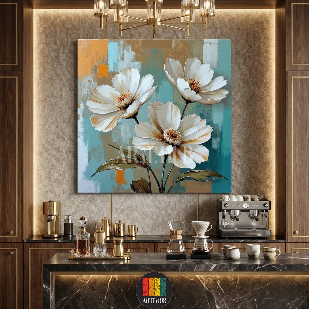 A square canvas wall art from Artehub showing three large white flowers with detailed centers against a teal, blue, and orange textured background in an Egyptian restaurant setting.

لوحة جدارية مربعة من آرت هب تظهر ثلاث زهور بيضاء كبيرة بتفاصيل دقيقة على خلفية ملونة بالأزرق والبرتقالي، مناسبة لتصميمات الديكور الحديثة في مصر.