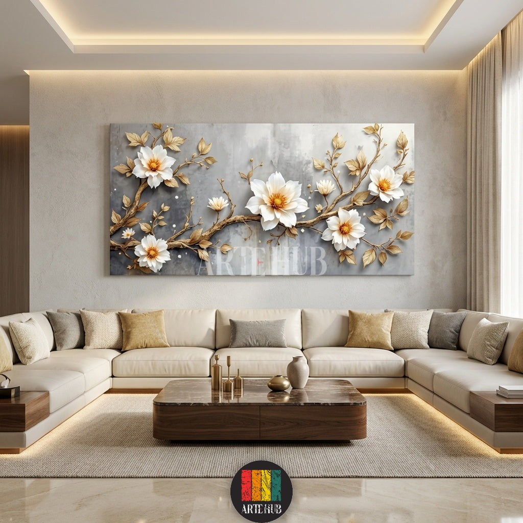 Elegant white flowers on golden branches canvas wall art by Artehub. High-quality wall decor in Egypt for modern homes.

تابلوه كانفاس زهور بيضاء وأغصان ذهبية راقية من Artehub. ديكور حوائط عالي الجودة في مصر للمنازل العصرية.