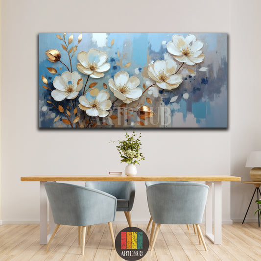 Beautiful textured white and gold blossom flowers on a blue and gray abstract background canvas, premium wall art in Egypt by Artehub.

 لوحة فنية (تابلوه) لزهور بيضاء وذهبية بارزة على خلفية زرقاء ورمادية، تناسب ديكورات المنازل العصرية في مصر من آرت هاب Artehub.