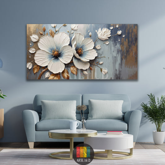  A sophisticated 3D textured white floral wall art canvas with gold and blue accents, styled over a light blue sofa by Artehub, perfect for home decoration in Egypt.

 تابلوه ورد أبيض بارز بتصميم مودرن مع لمسات ذهبية وزرقاء لديكور الحوائط من Artehub، متاح للتوصيل في مصر لغرف المعيشة الفاخرة.