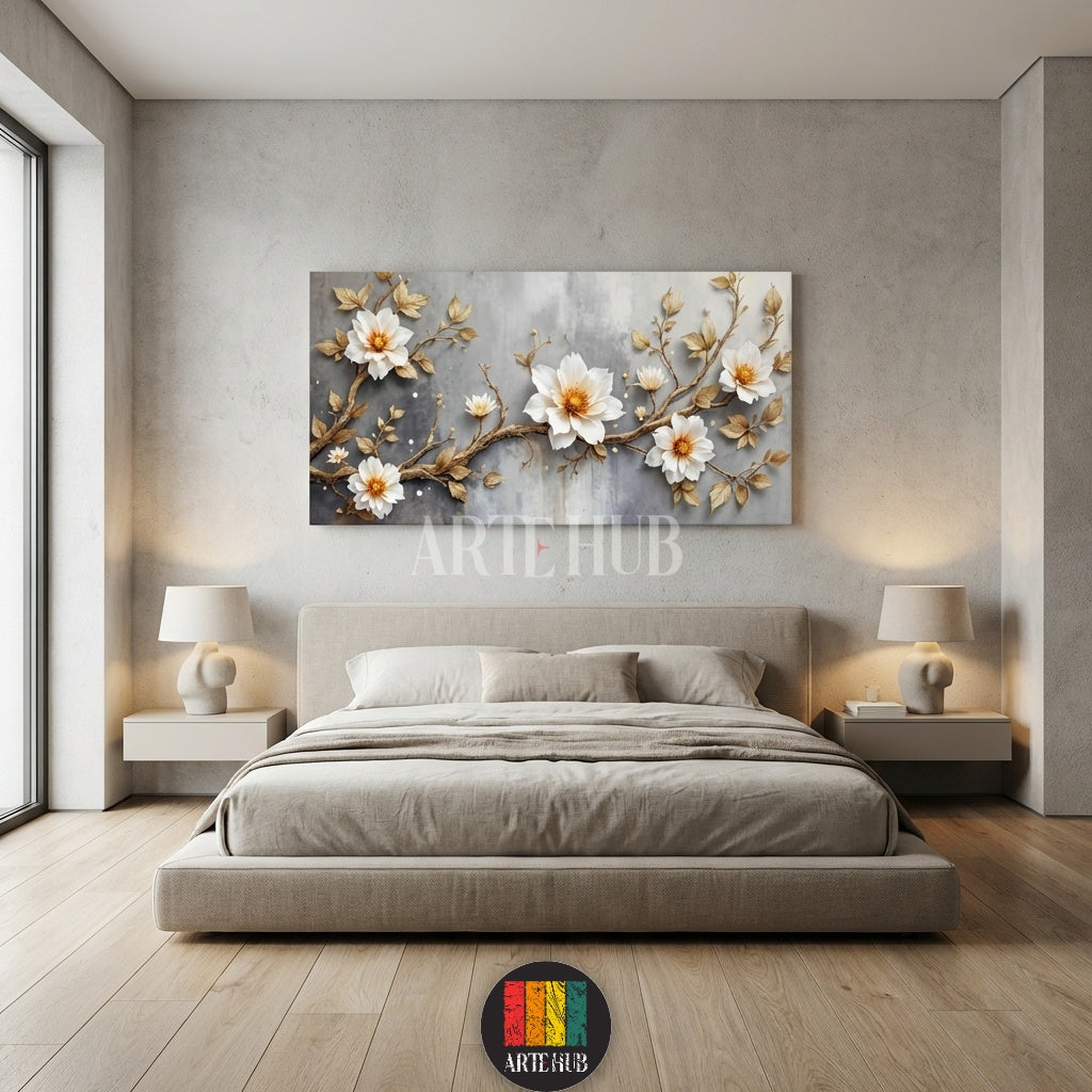 Elegant white flowers on golden branches canvas wall art by Artehub. High-quality wall decor in Egypt for modern homes.

تابلوه كانفاس زهور بيضاء وأغصان ذهبية راقية من Artehub. ديكور حوائط عالي الجودة في مصر للمنازل العصرية.