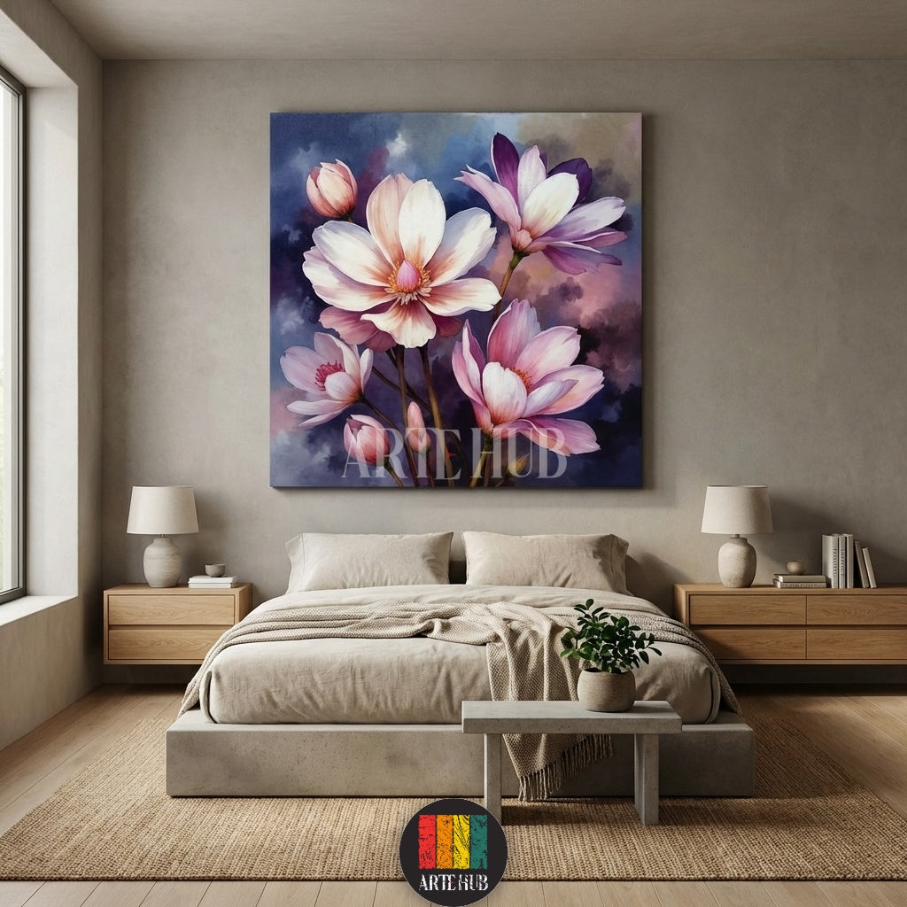  A beautiful square canvas painting featuring delicate pink and white flowers against a moody dark background, perfect for Egyptian style interior decoration by Artehub.

لوحة فنية كانفس لزهور وردية وبيضاء ناعمة على خلفية داكنة، تابلوه مودرن مثالي لديكور الحوائط في مصر من إنتاج Artehub.