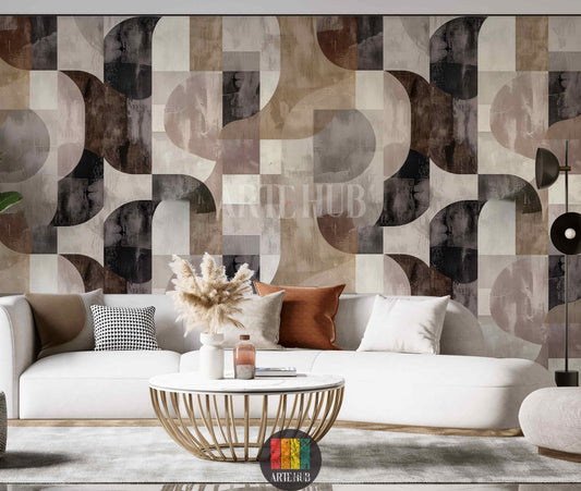 A living room featuring a modern geometric abstract wallpaper with interlocking arcs and squares in earthy tones of brown, beige, grey, and black, enhancing contemporary interior decor in Egypt. A white sofa, gold coffee table, and pampas grass complete the stylish setting.
غرفة معيشة حديثة تتميز بورق حائط بتصميم هندسي تجريدي بأقواس ومربعات متداخلة بألوان ترابية من البني والبيج والرمادي والأسود، 
مما يعزز الديكور الداخلي المعاصر في مصر. 
room: living room