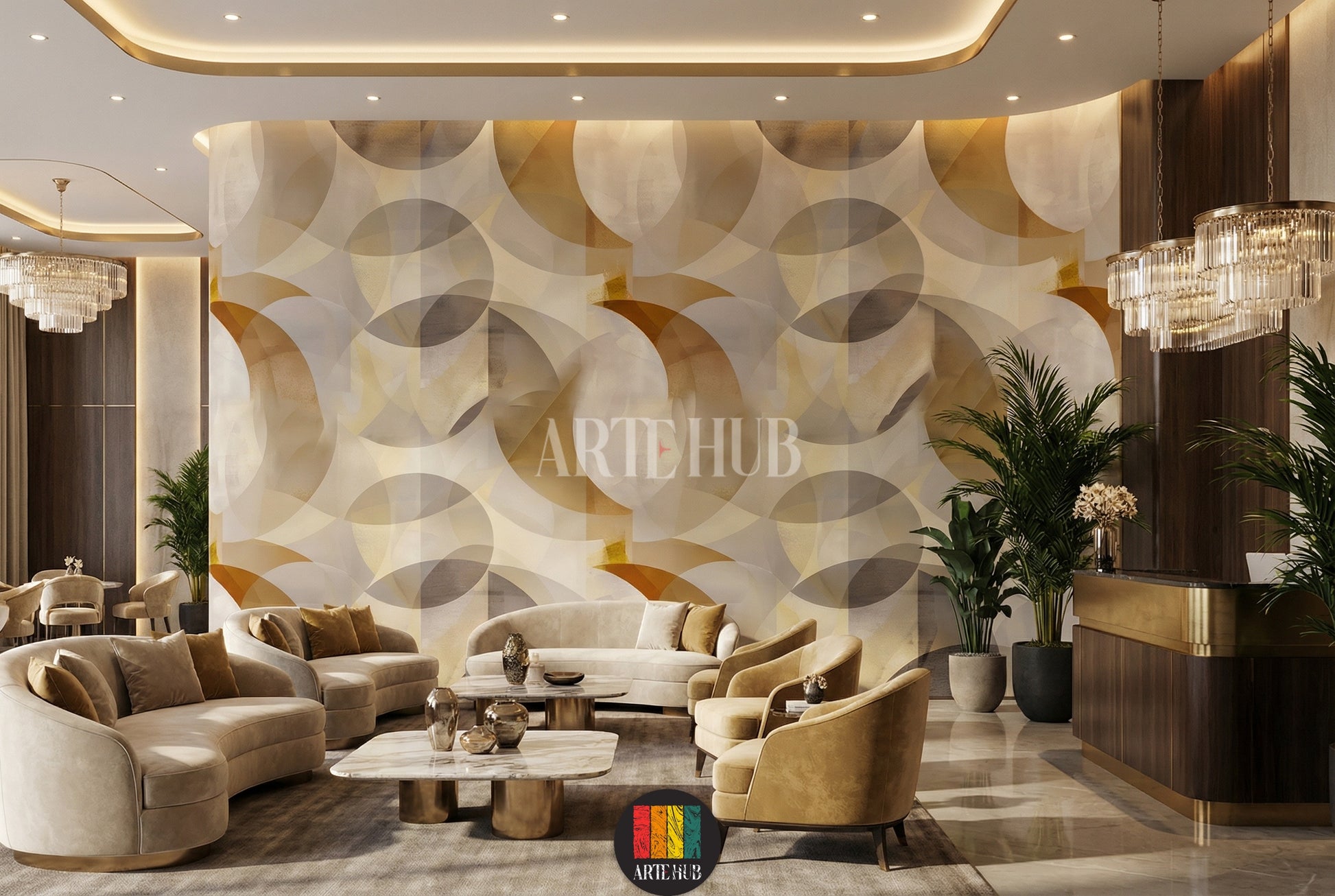 A contemporary  featuring a stunning geometric circles wallpaper in shades of beige, gold, and grey. The modern decor includes a wooden , light grey chairs, and a chandelier, ideal for stylish homes in Egypt.
غرفة طعام عصرية تظهر ورق حائط بتصميم دوائر هندسية بألوان البيج والذهبي والرمادي. الديكور يضم طاولة طعام خشبية، كراسي رمادية فاتحة، وثريا أنيقة، مثالي للمنازل الأنيقة في مصر.
room: lobby