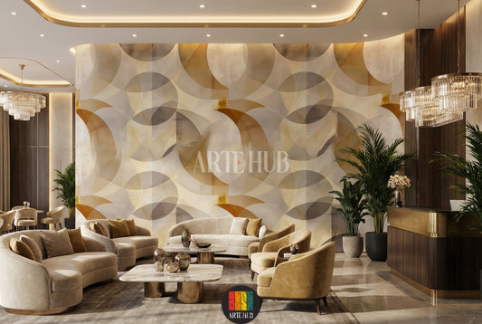 A contemporary  featuring a stunning geometric circles wallpaper in shades of beige, gold, and grey. The modern decor includes a wooden , light grey chairs, and a chandelier, ideal for stylish homes in Egypt.
غرفة طعام عصرية تظهر ورق حائط بتصميم دوائر هندسية بألوان البيج والذهبي والرمادي. الديكور يضم طاولة طعام خشبية، كراسي رمادية فاتحة، وثريا أنيقة، مثالي للمنازل الأنيقة في مصر.
room: lobby