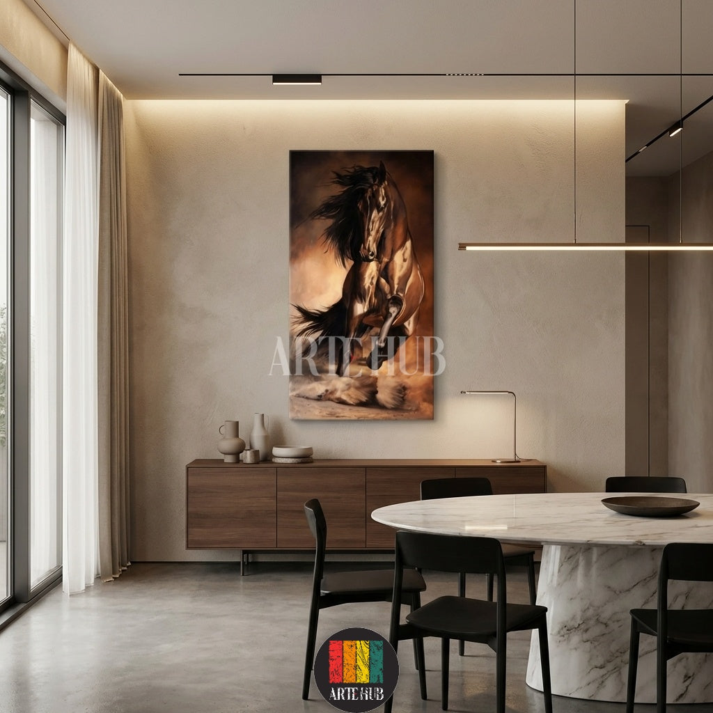  A powerful dark brown horse galloping through dust, a majestic canvas wall art piece from Artehub available in Egypt, perfect for modern Egyptian home decor.

 لوحة فنية لحصان بني قوي يجري وسط الغبار، تابلوه مودرن من Artehub لديكورات المنازل في مصر، مثالي للغرف الأنيقة والراقية.