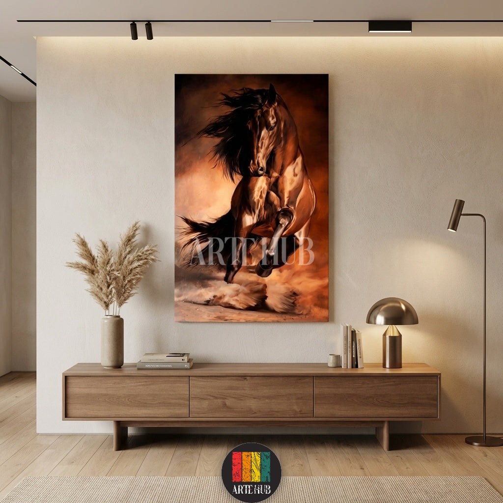  A powerful dark brown horse galloping through dust, a majestic canvas wall art piece from Artehub available in Egypt, perfect for modern Egyptian home decor.

 لوحة فنية لحصان بني قوي يجري وسط الغبار، تابلوه مودرن من Artehub لديكورات المنازل في مصر، مثالي للغرف الأنيقة والراقية.