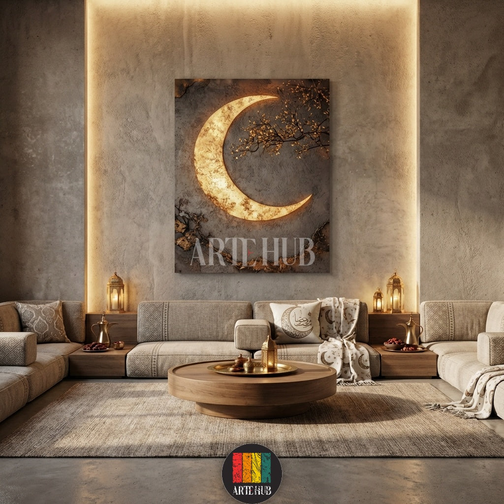Textured canvas wall art from Artehub featuring a glowing golden crescent moon and a subtle blue evil eye motif, ideal for stylish Egyptian interiors.

لوحة كانفاس من Artehub توضح هلالاً ذهبياً مضيئاً مع رمز العين الزرقاء، تناسب تصاميم الديكور في مصر.