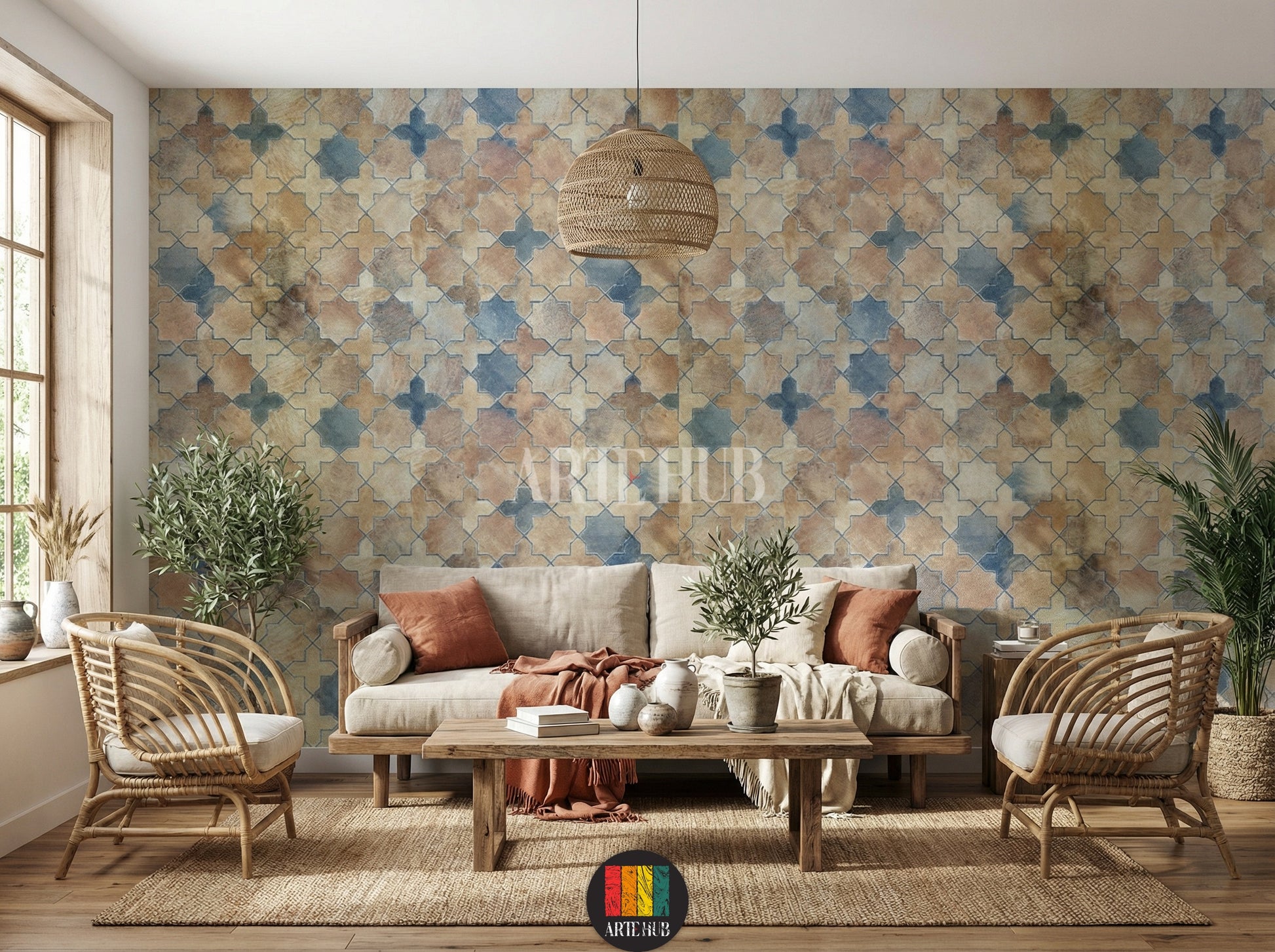 Full view of a modern living room featuring a patterned wallpaper with geometric Islamic quatrefoil and star-like motifs in earthy blue, brown, and beige tones. The room has two nightstands with golden lamps, a green plant, and a natural fiber rug, creating a serene and elegant Egyptian-style interior.
صورة كاملة لغرفة عصرية مزينة بورق حائط بنمط هندسي إسلامي بنقوش مربعة ونجوم بألوان ترابية من الأزرق والبني والبيج. تحتوي الغرفة على سرير خشبي، مصابيح ذهبية،
room: living room
