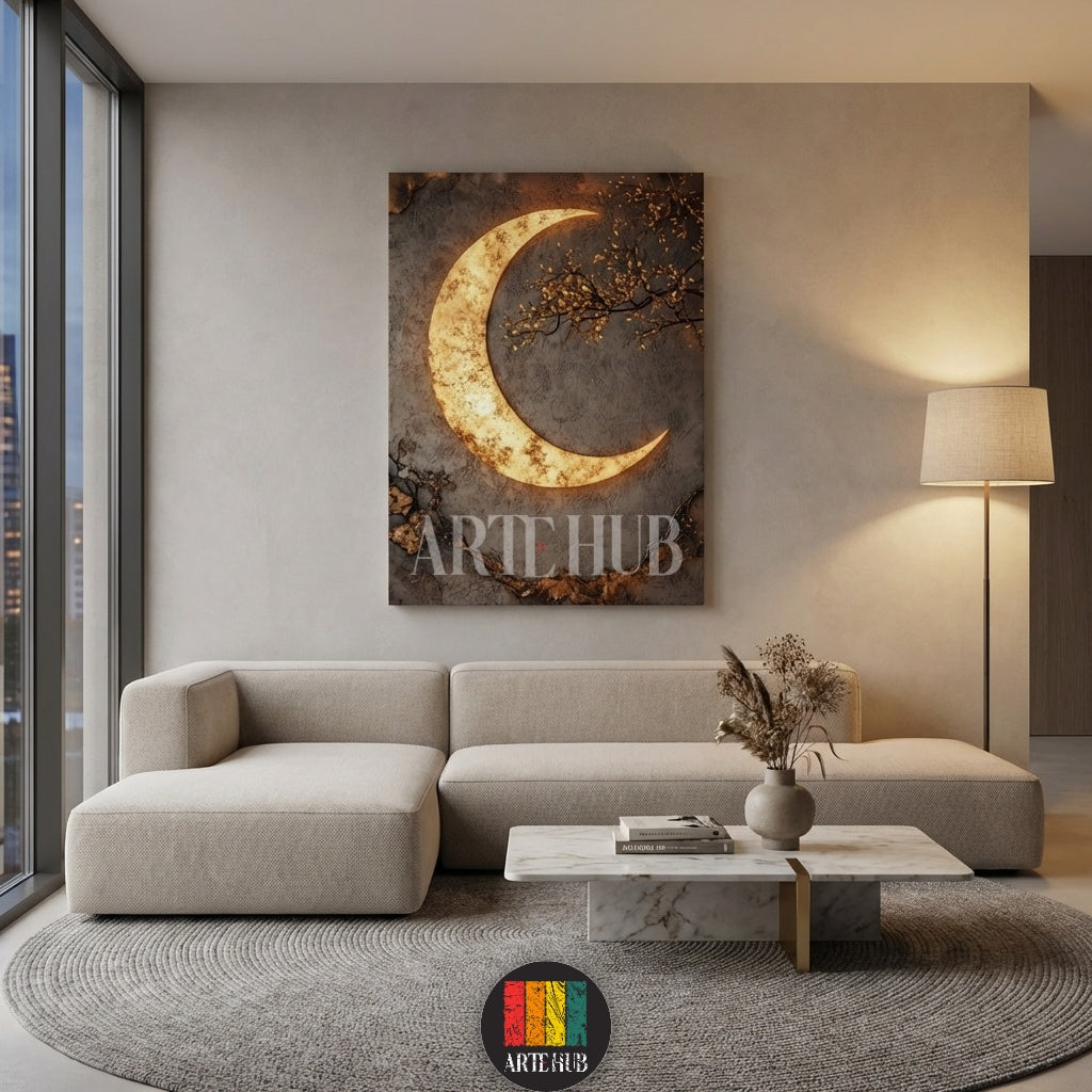 Textured canvas wall art from Artehub featuring a glowing golden crescent moon and a subtle blue evil eye motif, ideal for stylish Egyptian interiors.

لوحة كانفاس من Artehub توضح هلالاً ذهبياً مضيئاً مع رمز العين الزرقاء، تناسب تصاميم الديكور في مصر.
