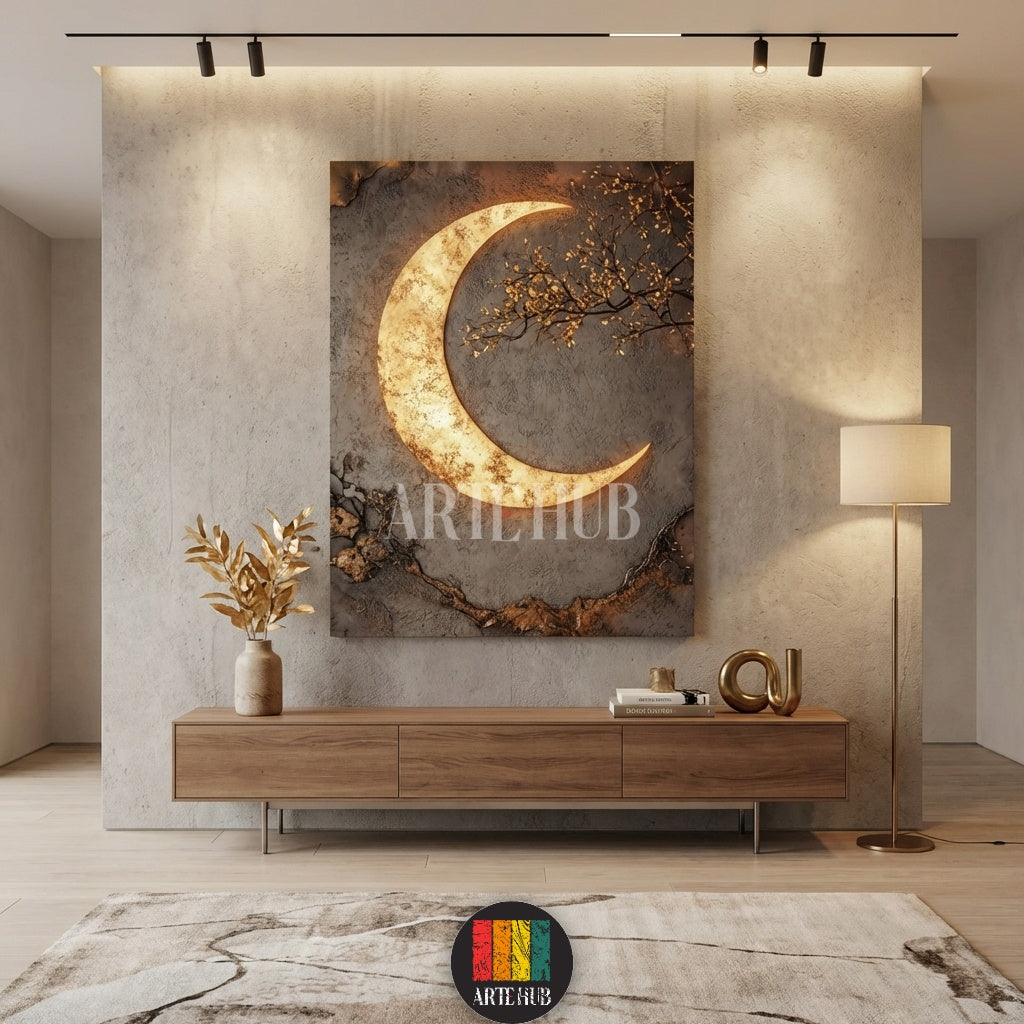 Textured canvas wall art from Artehub featuring a glowing golden crescent moon and a subtle blue evil eye motif, ideal for stylish Egyptian interiors.

لوحة كانفاس من Artehub توضح هلالاً ذهبياً مضيئاً مع رمز العين الزرقاء، تناسب تصاميم الديكور في مصر.