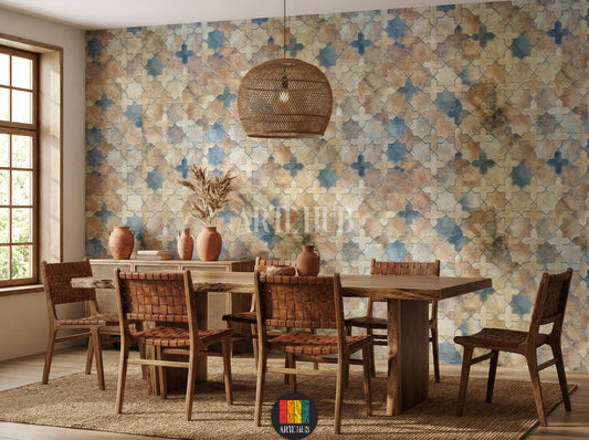 Full view of a modern dining room featuring a patterned wallpaper with geometric Islamic quatrefoil and star-like motifs in earthy blue, brown, and beige tones. The room has two nightstands with golden lamps, a green plant, and a natural fiber rug, creating a serene and elegant Egyptian-style interior.
صورة كاملة لغرفة عصرية مزينة بورق حائط بنمط هندسي إسلامي بنقوش مربعة ونجوم بألوان ترابية من الأزرق والبني والبيج. تحتوي الغرفة على سرير خشبي، مصابيح ذهبية،
room: dining room