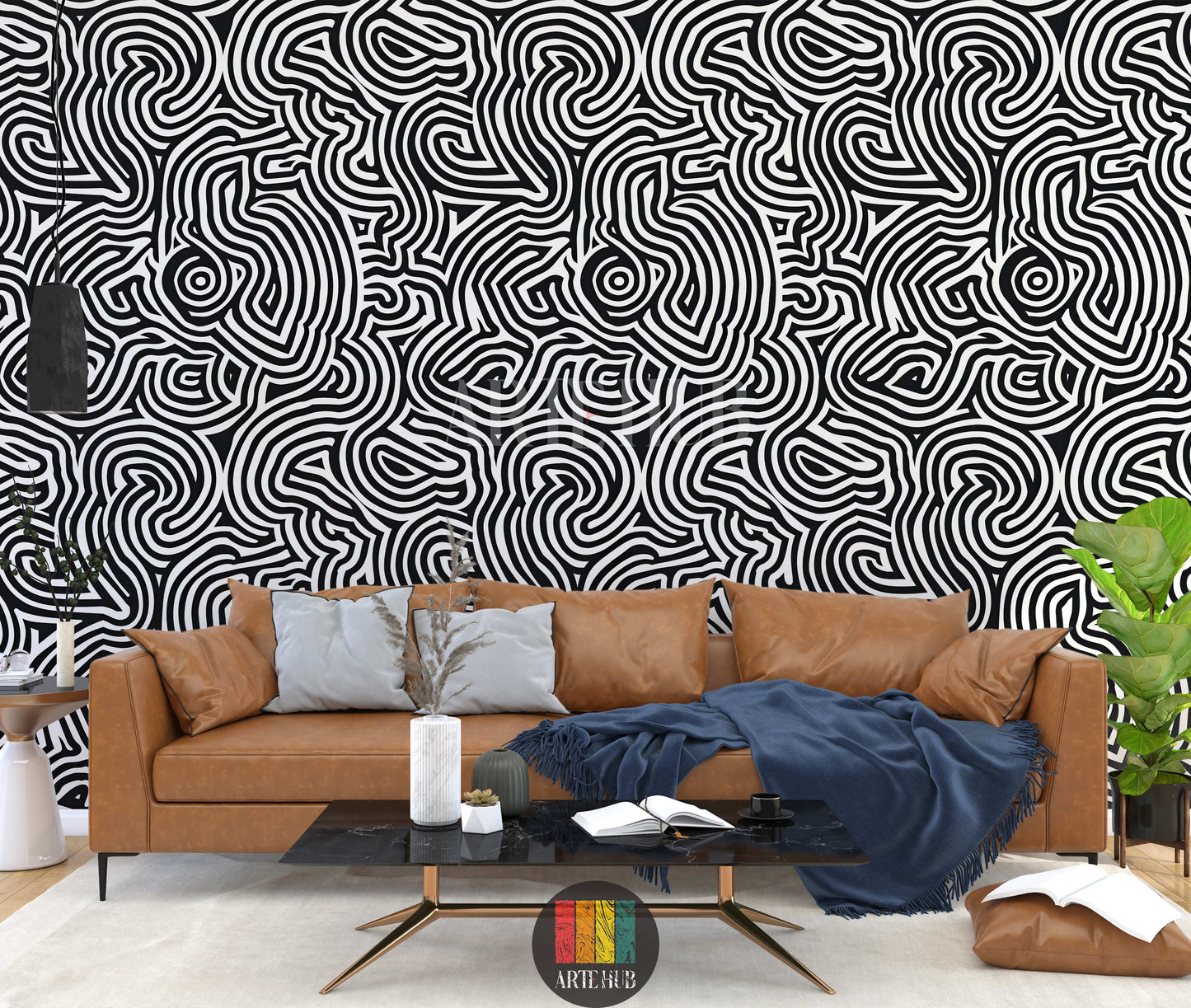 A modern living room showcasing a striking black and white abstract labyrinth pattern wallpaper. A brown leather sofa, a black marble coffee table, green plants, and a hanging lamp complete the chic, dynamic interior.
غرفة معيشة حديثة تتميز بورق حائط مذهل بنمط متاهة تجريدي بالأسود والأبيض. كنبة جلدية بنية، طاولة قهوة رخامية سوداء، نباتات خضراء، ومصباح معلق يكملون التصميم الداخلي الأنيق والمعاصر.