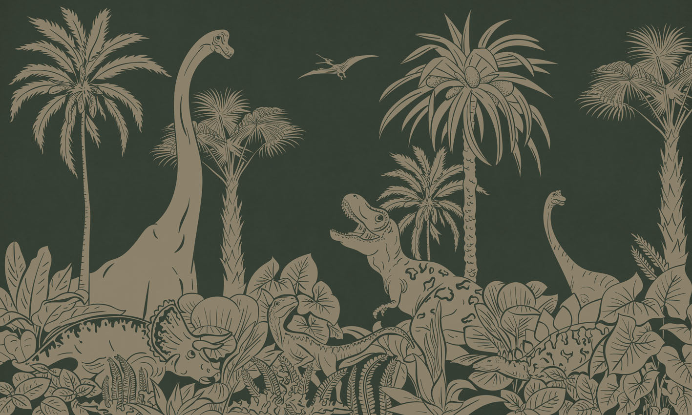 Monochrome Dino - Green Vintage European mural wallpaper design for kids room — Artehub Egypt