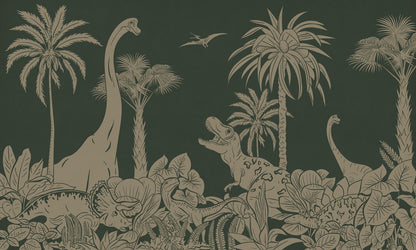 Monochrome Dino - Green Vintage European mural wallpaper design for kids room — Artehub Egypt